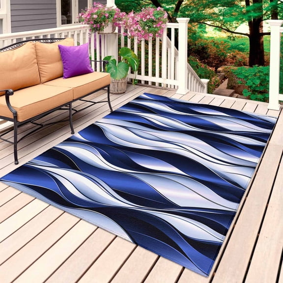 Navy Blue Striped Ombre Outdoor Rug for Patio/Deck/Porch, Non-Slip Large Area Rug 4 x 6 Ft, Modern Blue Moire Geometric Indoor Outdoor Rugs Washable Area Rugs, Reversible Camping Rug Carpet Runner