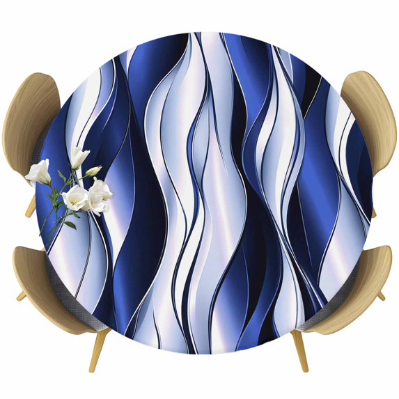 Navy Blue Striped Ombre Round Tablecloth, Fitted Table Cover with Elastic for 55"-60" Round Tables, Modern Blue Moire Geometric Table Cloth Outdoor Indoor Dinning Party Waterproof Tablecloths