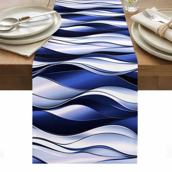 Navy Blue Striped Ombre Table Runner - 36 Inch Long, Kitchen Dining Table Runner Dresser Scarves, Modern Blue Moire Geometric Farmhouse Decor for Coffee Tables Wedding Party Banquet