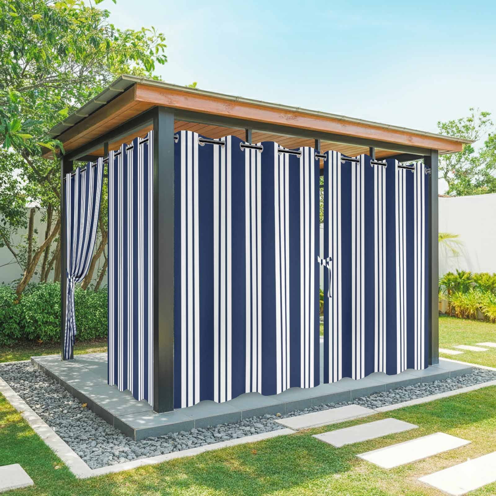 Navy Blue Striped Outdoor Curtains for Patio, Modern Classic Stripes Rustic Country Farmhouse Sunshade Privacy Drapes Grommet Waterproof Outside Curtains for Porch/Cabana/Balcony 54"x 108", 1 Panel