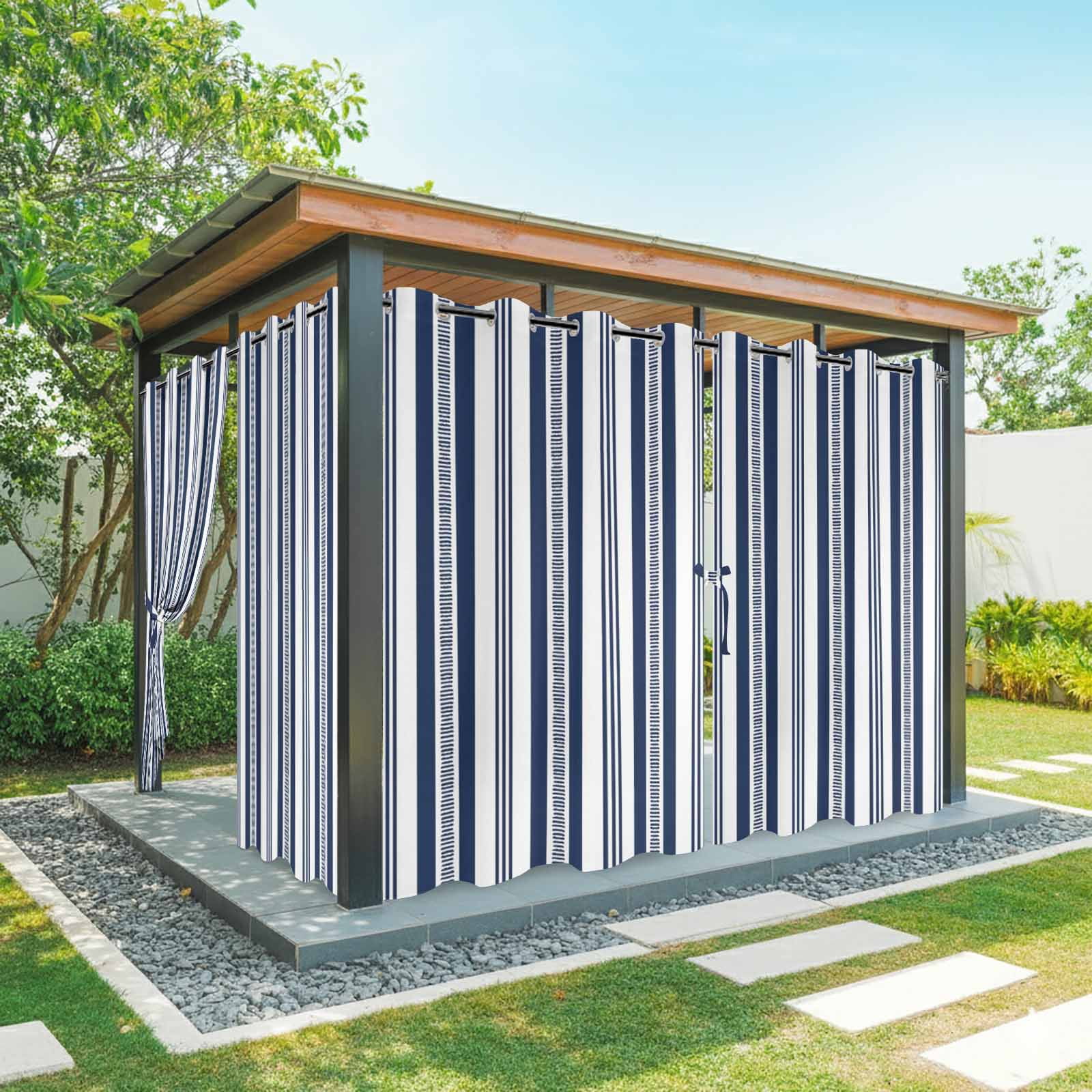 Navy Blue Striped Outdoor Curtains for Patio, Modern Farmhouse Stripes Rustic Geometric Sunshade Privacy Drapes Grommet Waterproof Outside Curtains for Porch/Cabana/Balcony 54"x 108", 1 Panel