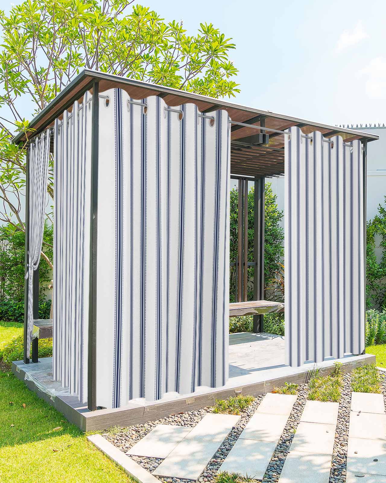 Navy Blue Striped Outdoor Curtains for Patio, Navy Blue White Stripes Farmhouse Privacy Drapes Grommet Waterproof Outside Curtains for Porch/Cabana/Balcony 54"x 84", 2 Panel