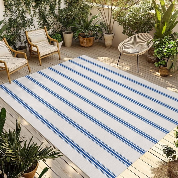 Navy Blue Striped Outdoor Rug 3x5 Ft - Reversible Patio Rug Outdoor Camping Rugs, Rustic Blue Stripe Modern Art Beige Washable Indoor Outdoor Area Rugs, Non-Slip Outdoor Carpet Runner for Deck/Porch