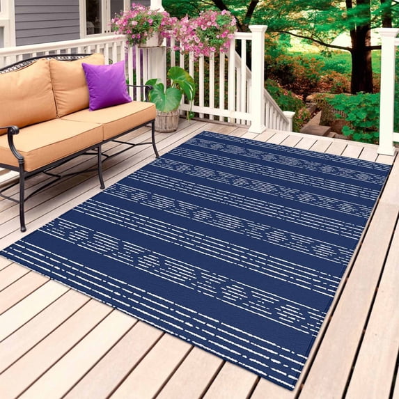 Navy Blue Striped Outdoor Rug 6x9 Ft, Non Slip Washable Area Rug, Modern Abstract Art Geometric Stripes Patio Rugs Carpet Runner, Large Floor Mat for Indoor/Outdoor Deck Porch Camping