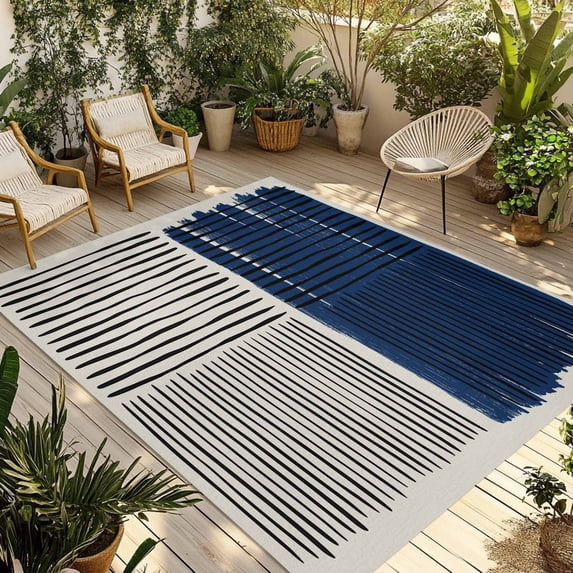 Navy Blue Striped Outdoor Rug for Patio/Deck/Porch, Non-Slip Large Area Rug 3 x 5 Ft, Farmhouse Stripes Modern Abstract Art Indoor Outdoor Rugs Washable Area Rugs, Camping Rug Carpet Runner