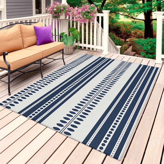 Navy Blue Striped Outdoor Rug for Patio/Deck/Porch, Non-Slip Large Area Rug 5 x 8 Ft, Farmhouse Geometric Stripe Indoor Outdoor Rugs Washable Area Rugs, Reversible Camping Rug Carpet Runner
