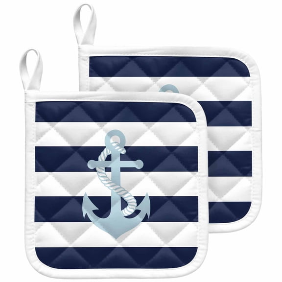 Navy Blue Striped Pot Holders for Kitchen Heatproof Potholder, 2 Pack Blue Anchor Nautical Farmhouse Hot Pads Multipurpose Oven Pads Cloth Potholders Trivet for Cooking and Baking