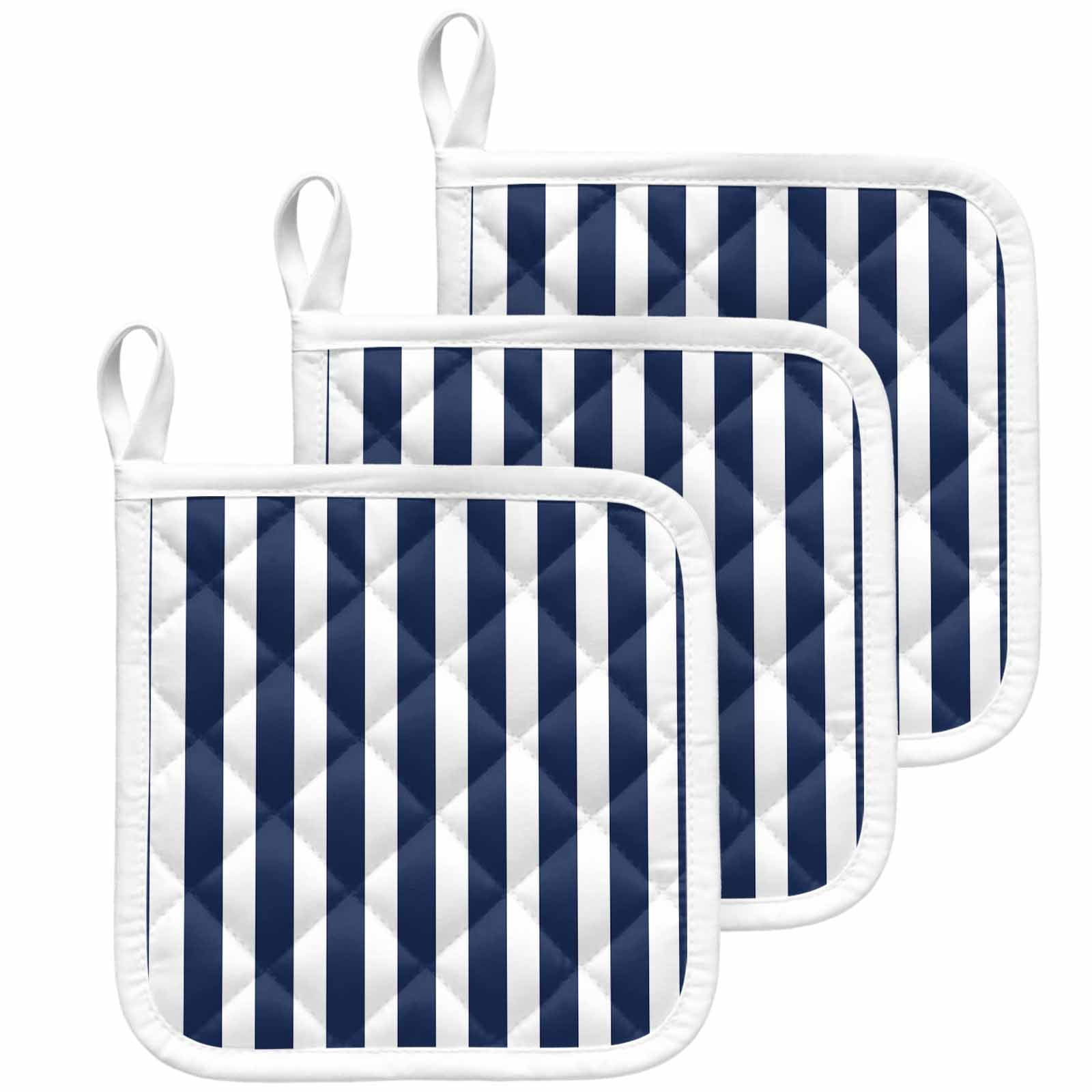 Navy Blue Striped Pot Holders for Kitchen Heatproof Potholder, 3 Pack Modern Farmhouse Blue White Stripes Hot Pads Multipurpose Oven Pads Cloth Potholders Trivet for Cooking Baking