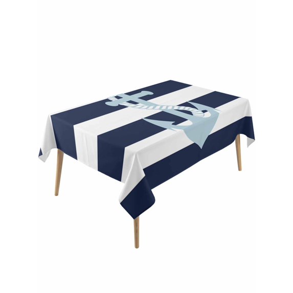 Navy Blue Striped Rectangle Tablecloth, Blue Anchor Nautical Farmhouse Waterproof & StainResistant Tablecloth, Washable Oil-proof Table Cover for Dining/Party/Wedding/Camping/Buffet 54x108 In