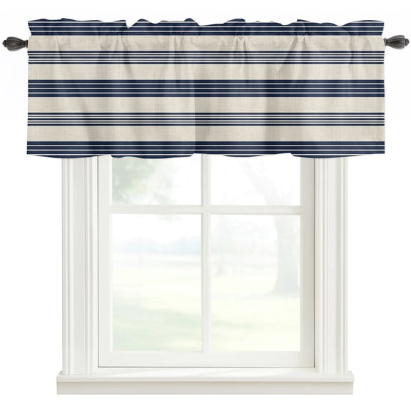 Navy Blue Striped Rod Pocket Curtain Valance, Modern Geometric Horizontal Stripes Beige Farmhouse Window Valance for Living Room, Bedroom, Kitchen 42"W x 18"L