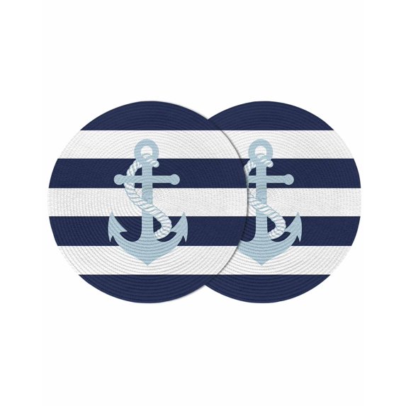 Navy Blue Striped Round 13 Inch Placemats Set of 2, Blue Anchor Nautical Farmhouse HeatResistant Non Slip Place Mats for Dining Table, Wipeable Braided Kitchen Table Mats for Housewarming