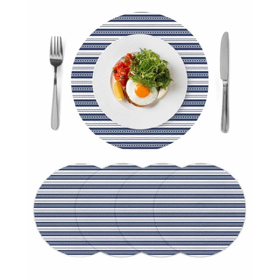 Navy Blue Striped Round 13 Inch Placemats Set of 4, Farmhouse Striped Geometric Art HeatResistant Non Slip Place Mats for Dining Table, Wipeable Braided Kitchen Table Mats for Housewarming
