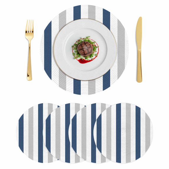 Navy Blue Striped Round 13 Inch Placemats Set of 4, Geometric Grey White Vertical Stripes HeatResistant Non Slip Place Mats for Dining Table, Wipeable Braided Kitchen Table Mats for Housewarming