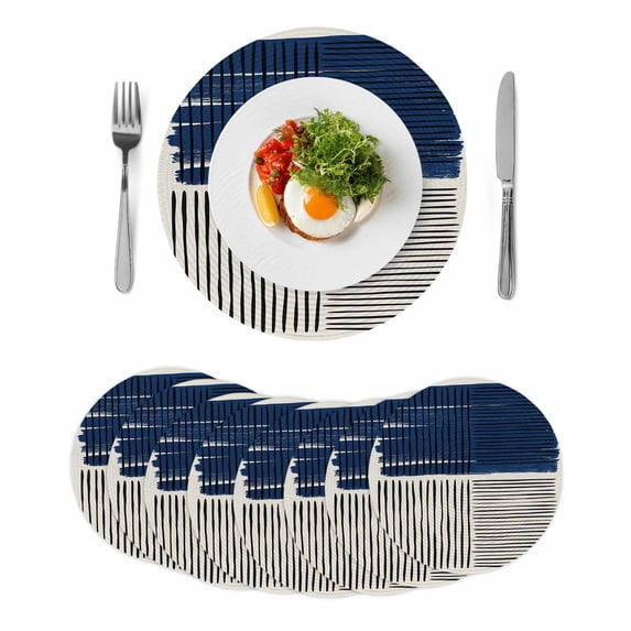 Navy Blue Striped Round 15 Inch Placemats Set of 8, Farmhouse Stripes Modern Abstract Art HeatResistant Non Slip Place Mats for Dining Table, Wipeable Braided Kitchen Table Mats for Housewarming