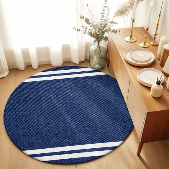 Navy Blue Striped Round Area Rug 3 FT, Small Kitchen Bathroom Mat, Modern Art Farmhouse Stripes Washable Indoor Outdoor Throw Runner Carpet Non-Shedding Doormat for Table Shower Sofa Entryway