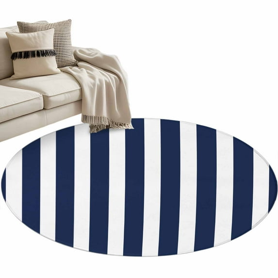 Navy Blue Striped Round Rug 4ft Area Rug Washable Soft Non-Slip 4' Circle Low Pile Rugs Modern Farmhouse Blue White Stripes Carpet for Bedroom Living Room Entryway Home Office Dining Room