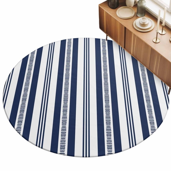 Navy Blue Striped Round Rug 4ft Modern Farmhouse Stripes Rustic Geometric Washable Area Rugs for Living Room Bedroom Entryway Non Slip&nbsp;Entrance Door Mat Indoor Floor Carpet