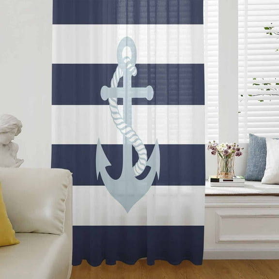 Navy Blue Striped Semi Sheer Curtains Drapes for Living Room, Bedroom, French Doors Window 45 Inches Long, Blue Anchor Nautical Farmhouse Rod Pocket Chiffon Curtain Drapery Voile Draperies Panel