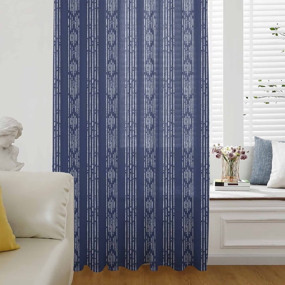 Navy Blue Striped Semi Sheer Curtains Drapes for Living Room,Bedroom,French Doors Window 45 Inches Long,Modern Abstract Art Geometric Stripes Rod Pocket Chiffon Curtain Drapery Voile Draperies Panel