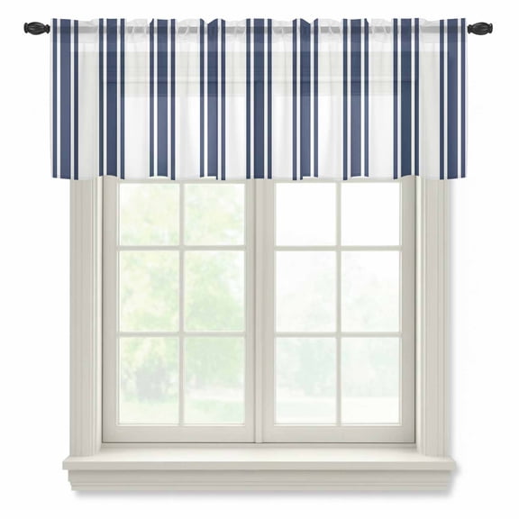 Navy Blue Striped Semi Sheer Valance Curtains Modern Farmhouse Stripes Rustic Voile Valances Curtain Rod Pocket Small Window Treatment for Kitchen Bathroom Cafe 42"x12"