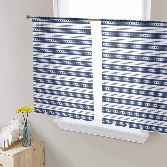 Navy Blue Striped Sheer Curtains 45 Inch Length 2 Panels Set for Living Room/Bedroom, Farmhouse Striped Geometric Art Semi Curtain Sheers Drapes Rod Pocket Curtains Window Treatment Set 52''x45''x2