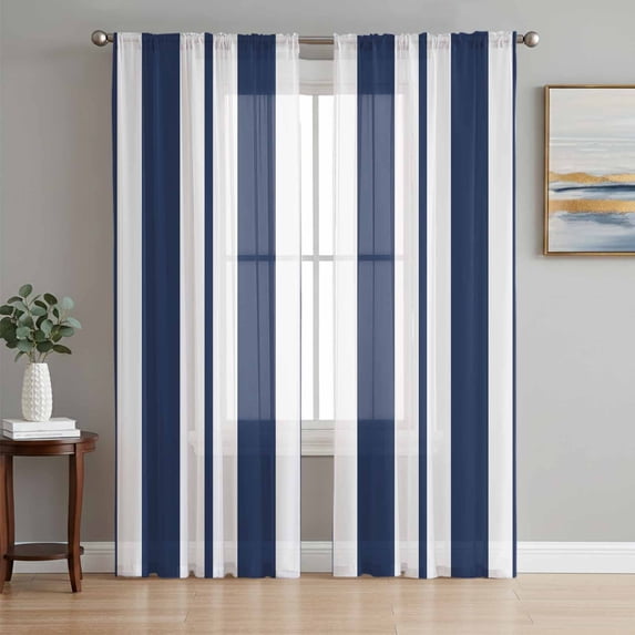 Navy Blue Striped Sheer Curtains 84 Inch Length 2 Panels Set, Blue Geometric Line Stripes Farmhouse Voile Window Treatment Rod Pocket Curtains Sheers Drapes for Bedroom/Living Room/Kitchen 52"x84"x2