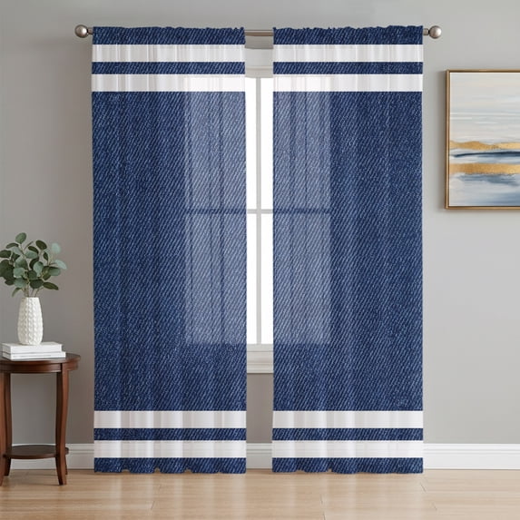 Navy Blue Striped Sheer Curtains 96 Inch Length 2 Panels Set, Modern Art Farmhouse Stripes Voile Window Treatment Semi Sheer Long Curtains Drapes for Bedroom/Living Room/Kitchen 52"x96"x2