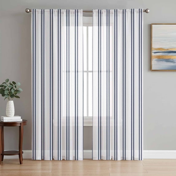 Navy Blue Striped Sheer Curtains 96 Inch Length 2 Panels Set, Modern Vertical Stripes Minimalist Voile Window Treatment Semi Sheer Long Curtains Drapes for Bedroom/Living Room/Kitchen 52"x96"x2