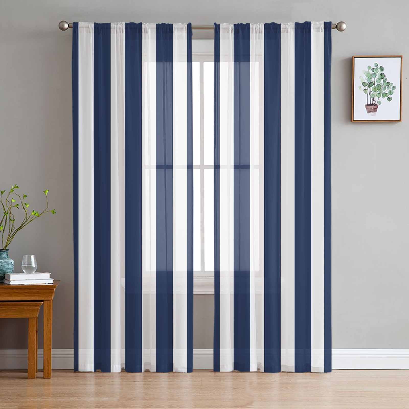 Navy Blue Striped Sheer Curtains 96 Inches Long 2 Panels Set, Window ...