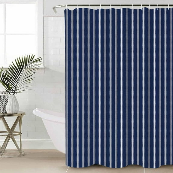 Navy Blue Striped Shower Curtain Set with Hooks, Navy Blue White Farmhouse Stripes Waterproof Polyester Fabric Stall Shower Curtains for Bathroom Machine washable 36"W x 72"L (Pack of 1)