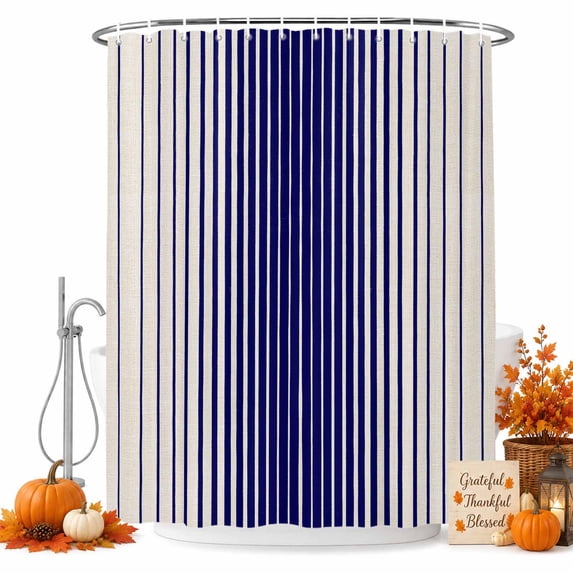 Navy Blue Striped Shower Curtain Set - Small 36" x 72" Washable Bathtub Curtain with 12 Hooks, Farmhouse Beige Stripes Vintage Rustic Waterproof Fabric Stall Shower Curtains for Bathroom Décor