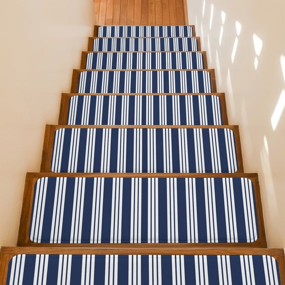 Navy Blue Striped Stair Treads Non Slip for Steps Modern Classic Stripes Rustic Country Farmhouse 7 Pcs Reusable Adhesive Stair Runner Mats for Dogs Elders Carpet Treads Rugs for Staircase 8x30 In