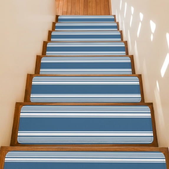Navy Blue Striped Stair Treads Non Slip for Steps Modern Farmhouse Stripe Minimalist 15 Pcs Reusable Adhesive Stair Runner Mats for Dogs Elders Carpet Treads Rugs for Staircase 8x30 In
