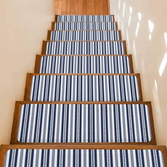 Navy Blue Striped Stair Treads Non Slip for Steps Modern Farmhouse Stripes Rustic Geometric 7 Pcs Reusable Adhesive Stair Runner Mats for Dogs Elders Carpet Treads Rugs for Staircase 8x30 In