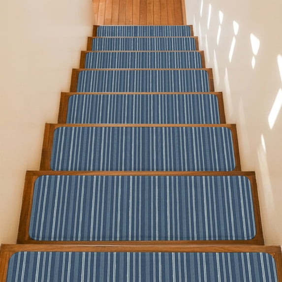 Navy Blue Striped Stair Treads Non Slip for Steps Stripes Modern Vintage Farmhouse Abstract 7 Pcs Reusable Adhesive Stair Runner Mats for Dogs Elders Carpet Treads Rugs for Staircase 8x30 In
