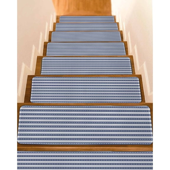 Navy Blue Striped Stair Treads for Wooden Steps Indoor Runner Rug Carpet, Farmhouse Striped Geometric Art 4 Pieces Peel and Stick Staircase Step Treads Covers Washable Throw Door Mats, 30"x8"