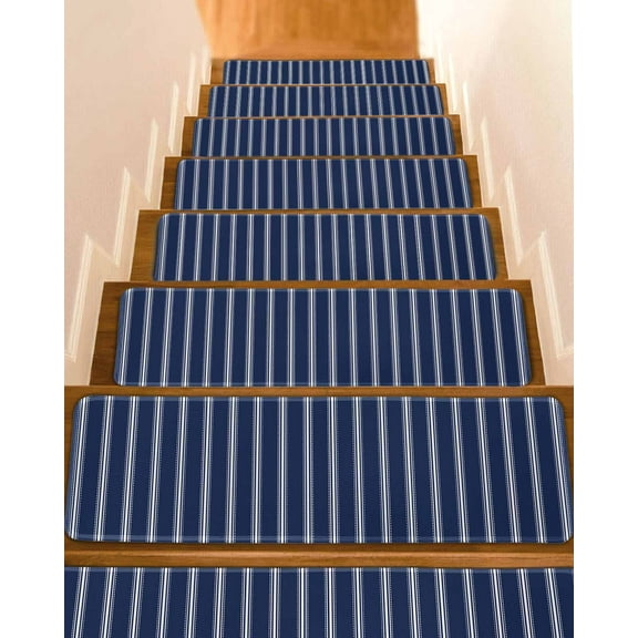Navy Blue Striped Stair Treads for Wooden Steps Indoor Runner Rug Carpet, Navy Blue White Farmhouse Stripes 10 Pieces Peel and Stick Staircase Step Treads Covers Washable Throw Door Mats, 30"x8"