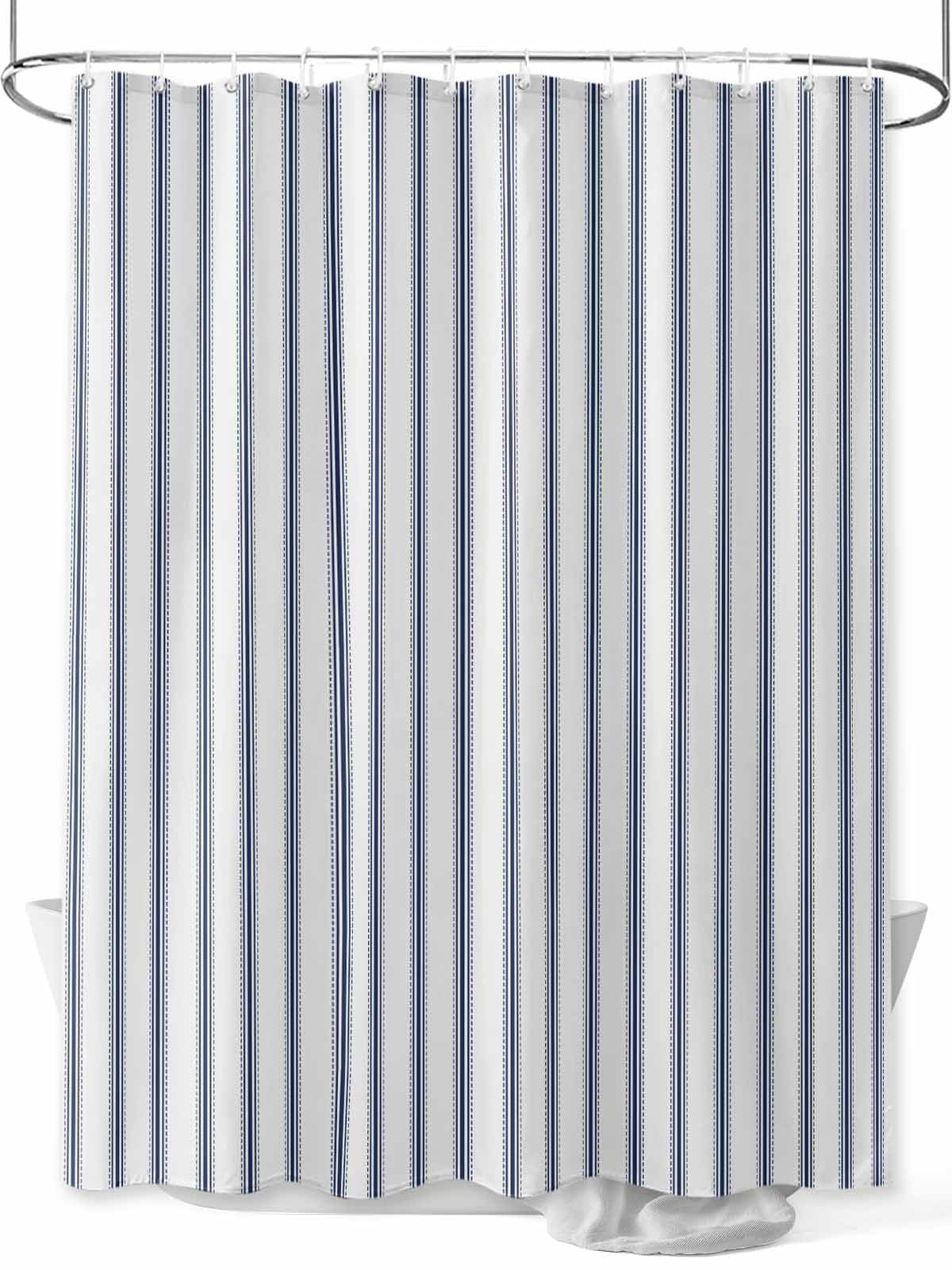Navy Blue Striped Standard Shower Curtain Set, Waterproof Shower Curtains for Bathroom, Navy Blue White Stripes Farmhouse Washable Fabric Cloth Bath Curtain for Bathtub with Hooks 72x72 Inches