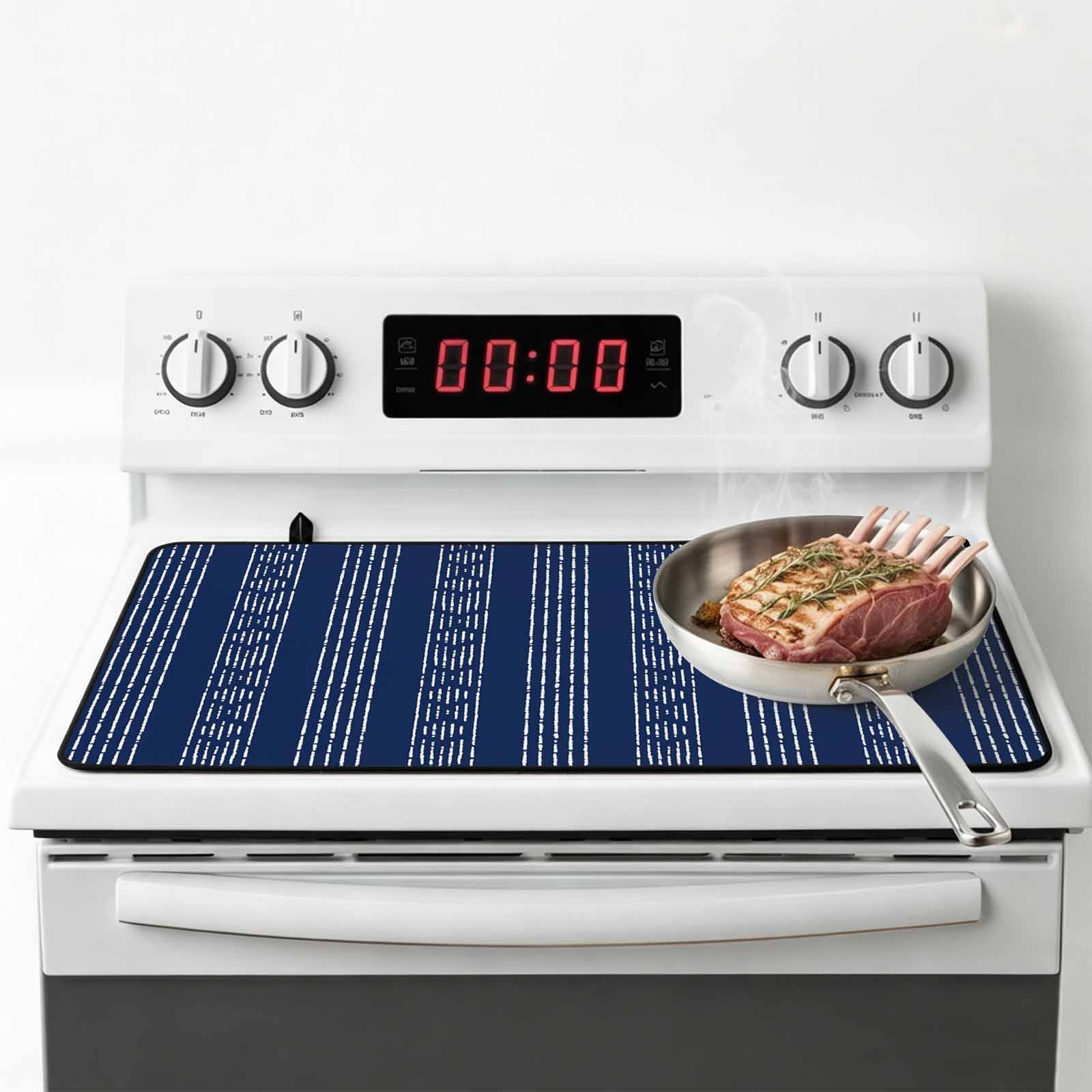 Navy Blue Striped Stove Top Cover for Electric Stove, Heat-proof & Non Slip Glass Top Stove Cover Protector, Modern Abstract Art Geometric Stripes Kitchen Flat Cooktop Rubber Mat 28.5x20.5 Inches