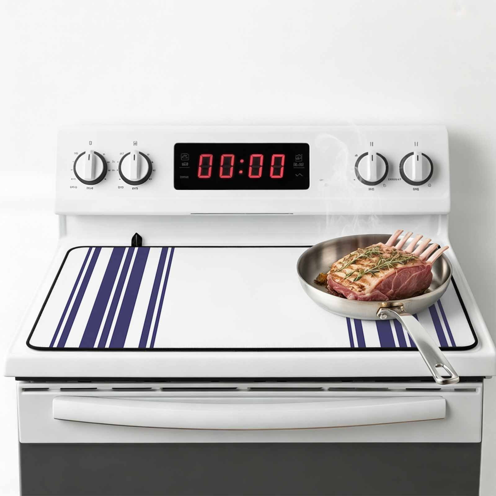 Navy Blue Striped Stove Top Cover for Electric Stove, Heat-proof & Non Slip Glass Top Stove Cover Protector, Modern White Striped Abstract Art Aesthetics Kitchen Flat Cooktop Rubber Mat 31x24 Inches