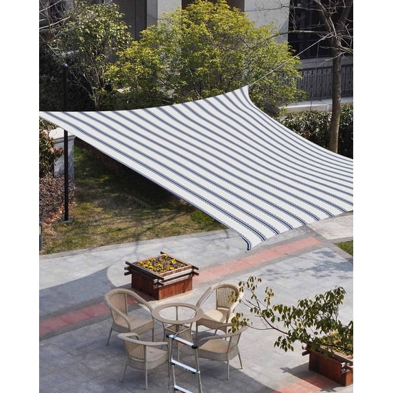 Navy Blue Striped Sun Shade Sail 6.5'x10' Rectangle Outdoor Shade Canopy, Navy Blue White Stripes Farmhouse Porch Shades Outdoor Sun Blocking Screen, Sunshade Cloth Covers for Patio/Deck/Garden