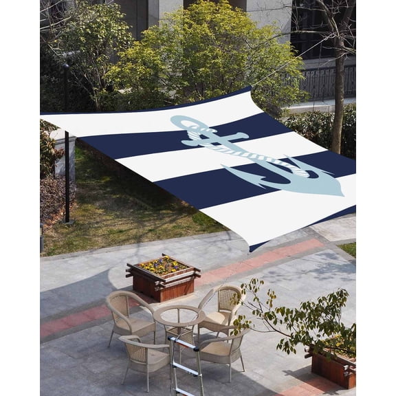 Navy Blue Striped Sun Shade Sail 8'x10' Rectangle Outdoor Shade Canopy, Blue Anchor Nautical Farmhouse Porch Shades Outdoor Sun Blocking Screen, Sunshade Cloth Covers for Patio/Deck/Garden