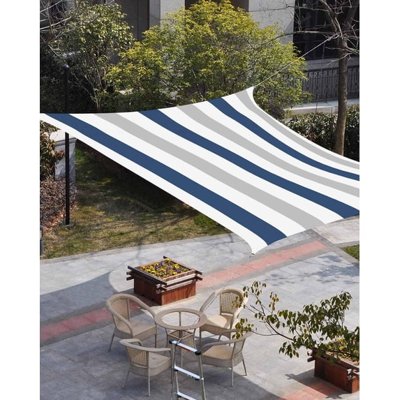 Navy Blue Striped Sun Shade Sail 8'x10' Rectangle Outdoor Shade Canopy, Geometric Grey White Vertical Stripes Porch Shades Outdoor Sun Blocking Screen, Sunshade Cloth Covers for Patio/Deck/Garden