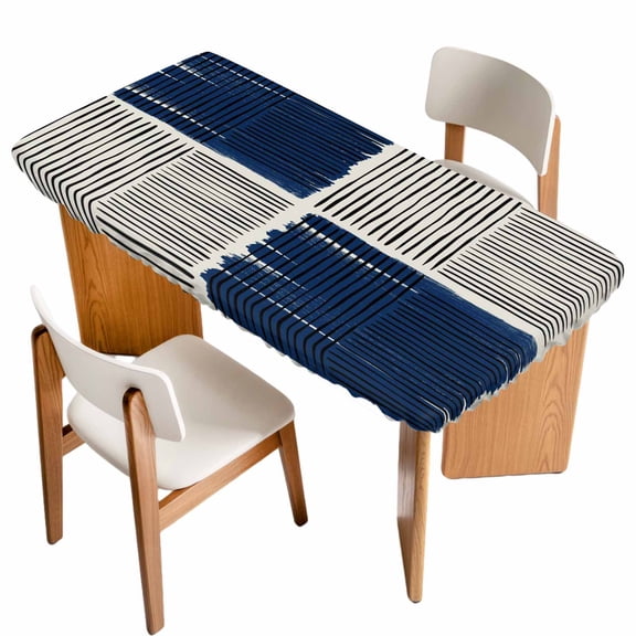 Navy Blue Striped Table Cloths for 3 Foot Rectangle Tables, Farmhouse Stripes Modern Abstract Art Patio Waterproof Elastic Fitted Tablecloths, Washable Rectangular Table Cover for Camping