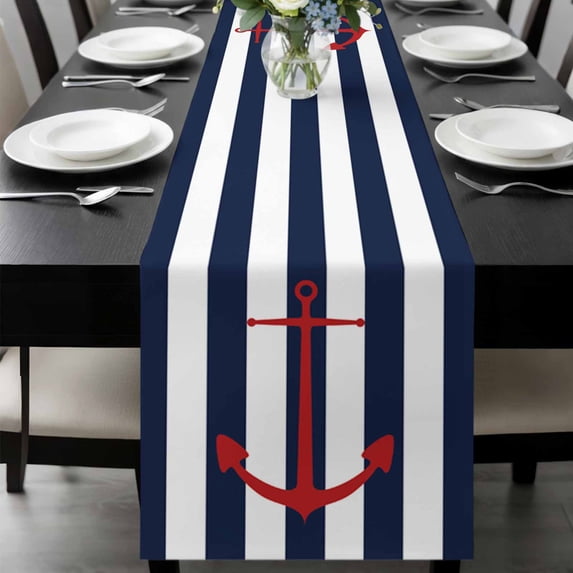 Navy Blue Striped Table Runner 120 Inches Long, Red Beach Nautical Anchor Ocean Coastal Kitchen Coffee Dining Table Decoration for Home Party Birthday Wedding Home Decor 13x120 Inches