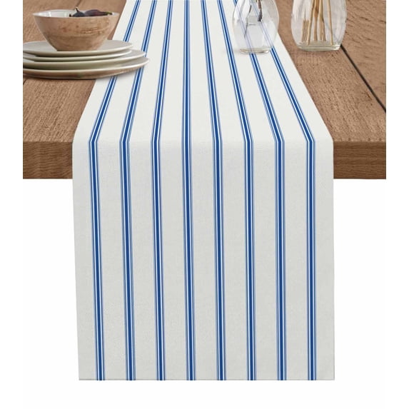 Navy Blue Striped Table Runner 72 Inches, Rustic Blue Stripe Modern Art Beige Bed Runner Dresser Scarves Tabletop for Indoor Outdoor Parties/Ceremony/Banquet, 16" x 72"