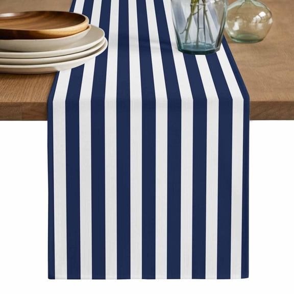 Navy Blue Striped Table Runner, Modern Farmhouse Blue White Stripes Washable Cotton Linen Table Runners 72 Inches Long, Dresser Scarf Runner for Dining/Coffee/Kitchen/TV Stands/Cabinets 13''x72''