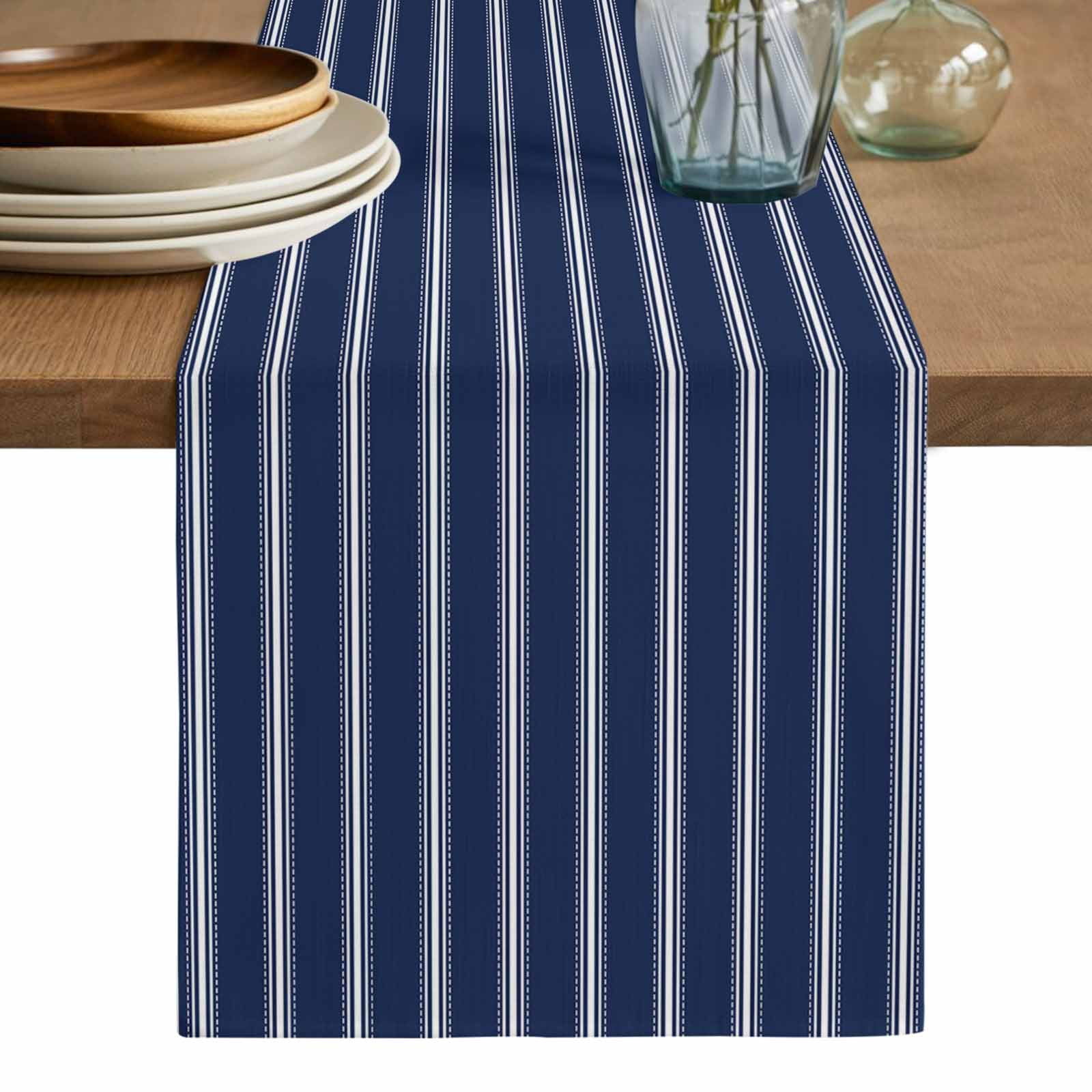 Navy Blue Striped Table Runner, Navy Blue White Farmhouse Stripes Washable Cotton Linen Table Runners 60 Inches Long, Dresser Scarf Runner for Coffee/TV Stands/Kitchen/Cabinets 13''x60''