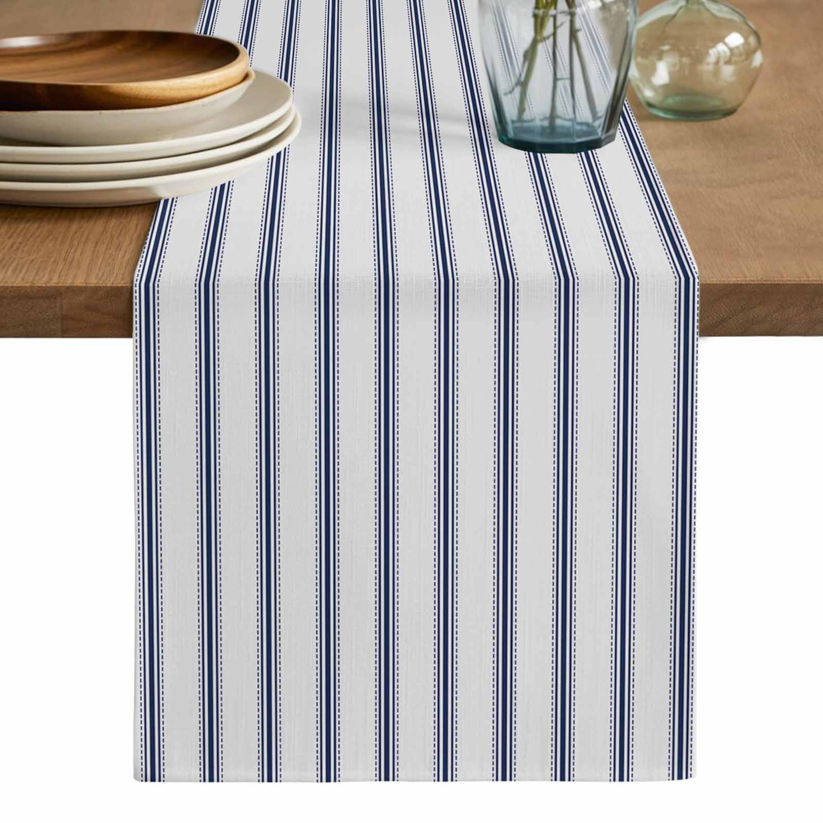 Navy Blue Striped Table Runner, Navy Blue White Stripes Farmhouse Washable Cotton Linen Table Runners 72 Inches Long, Dresser Scarf Runner for Dining/Coffee/Kitchen/TV Stands/Cabinets 13''x72''