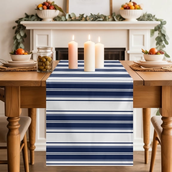 Navy Blue Striped Table Runner, Vertical Stripe Modern Minimalist Washable Cotton-linen Table Runners Dining Kitchen Decoration for Everyday Home Wedding Party Decor, 18 x72 Inch